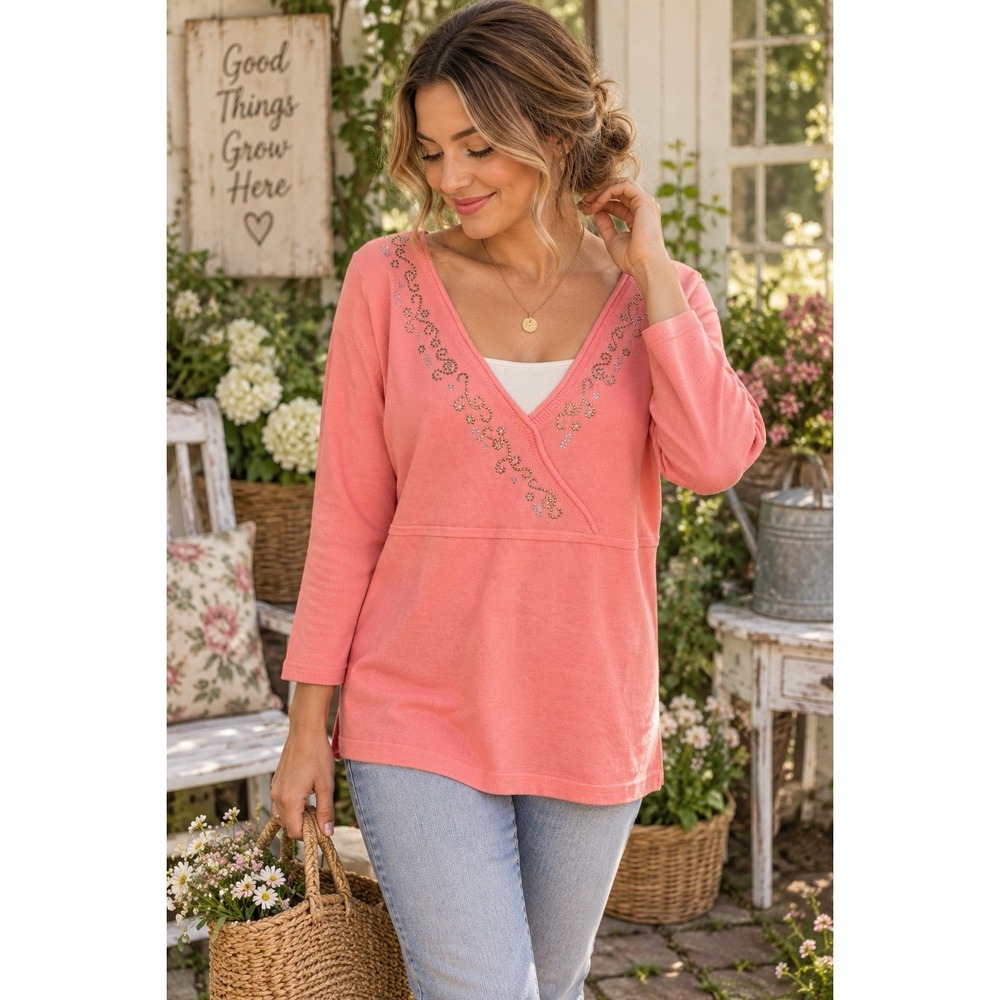 NWT Quacker Factory Peach Pink Y2K Babydoll Sweater XL Embellished Cottagecore
